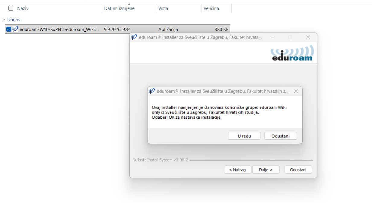 Potvrda korisničke grupe u eduroam installeru
